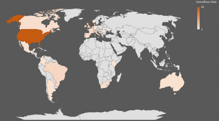 Weltkarte mit Zielen, in Excel aus einer Auswertung der Leaks erstellt (Quelle: Michael Gschwender)